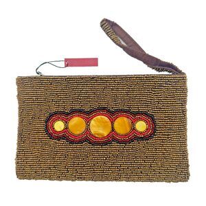 About Color Beaded Clutch Wristlet Bronze Seed Beads Shell Inlay Boho Bag NWT